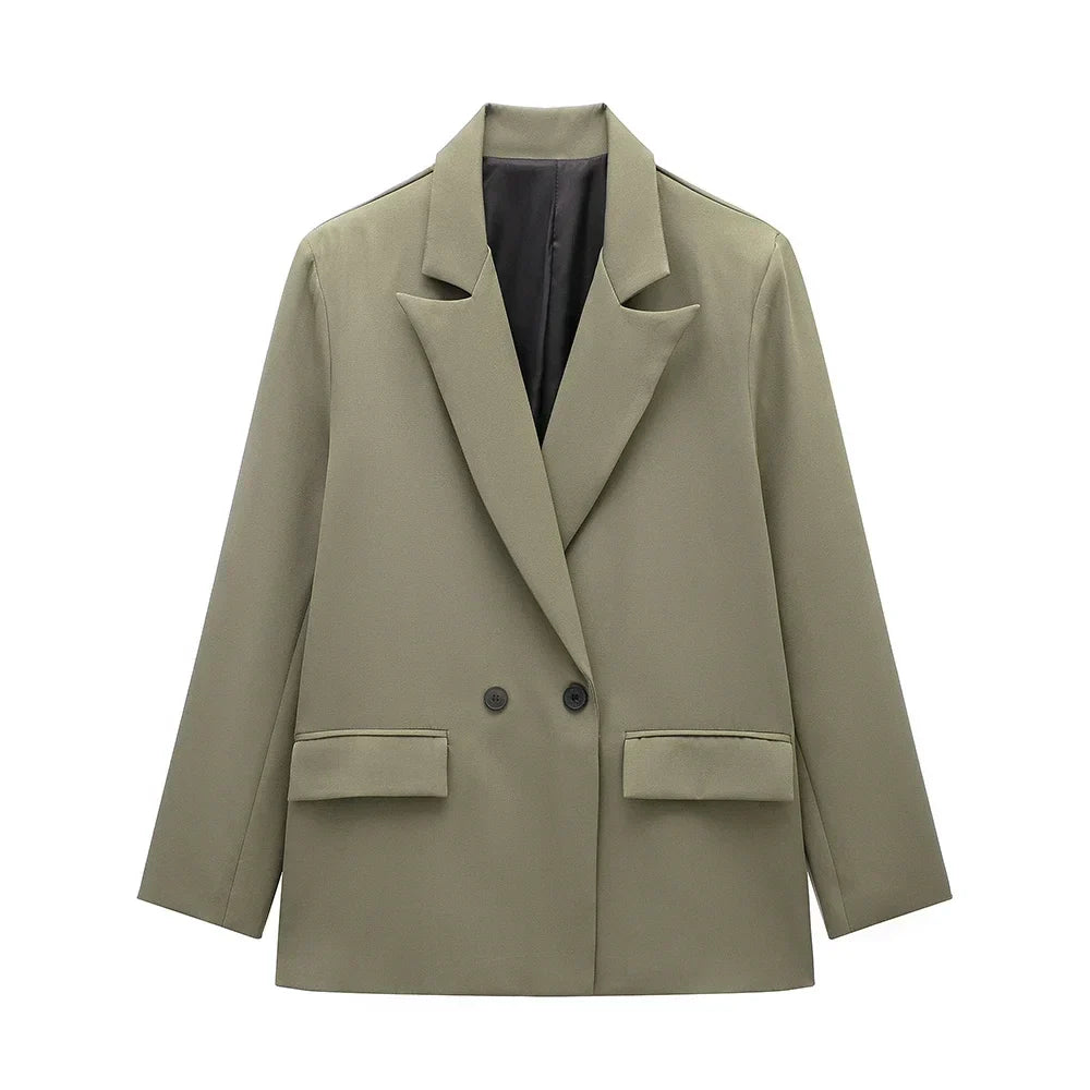 Womens Double Breasted Blazer with Pockets (Dark Green)
