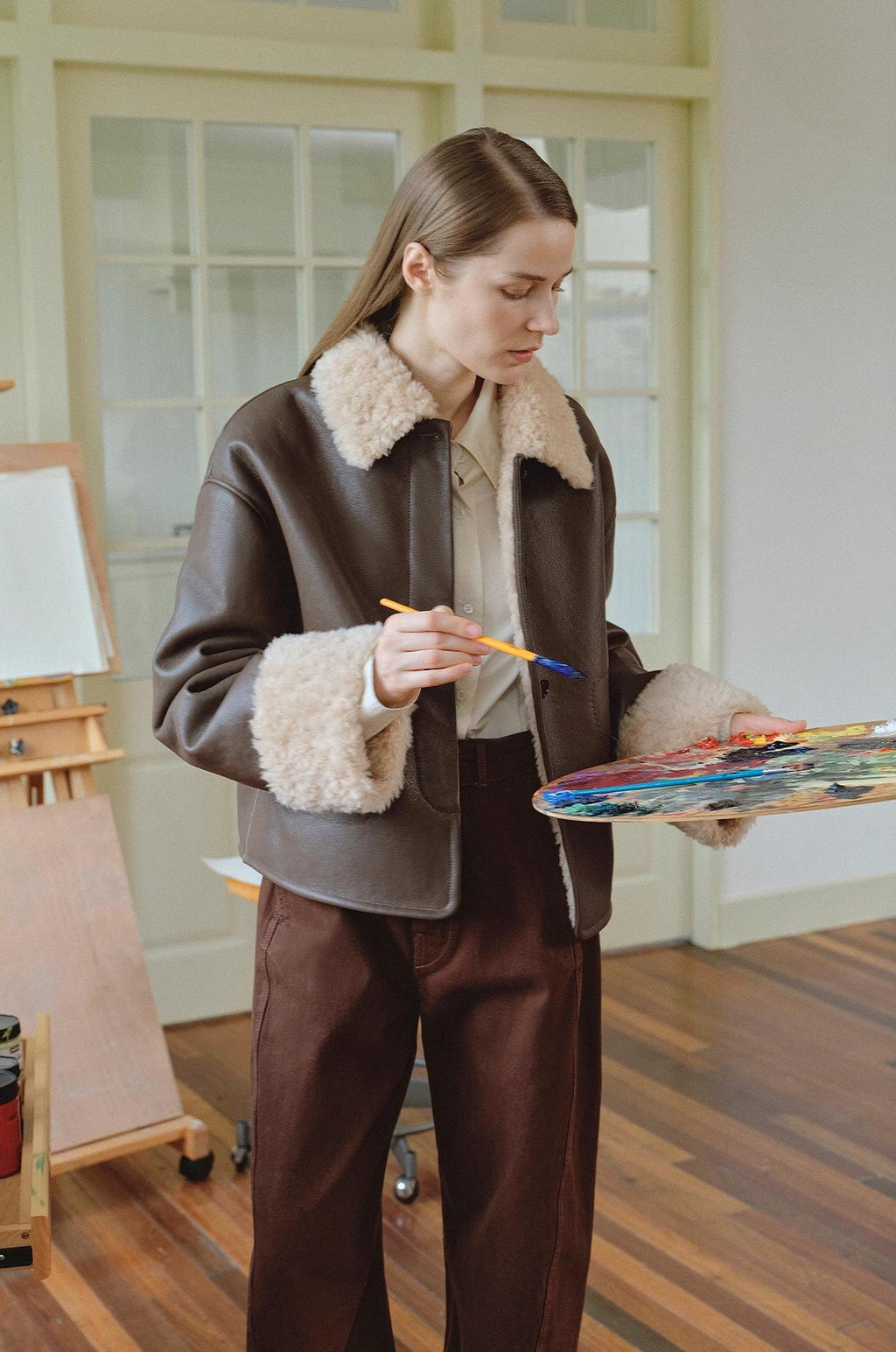 Slightly Sweet Latte Second Generation Furry Lapel Casual Straight Shorn Shearling Jacket-2