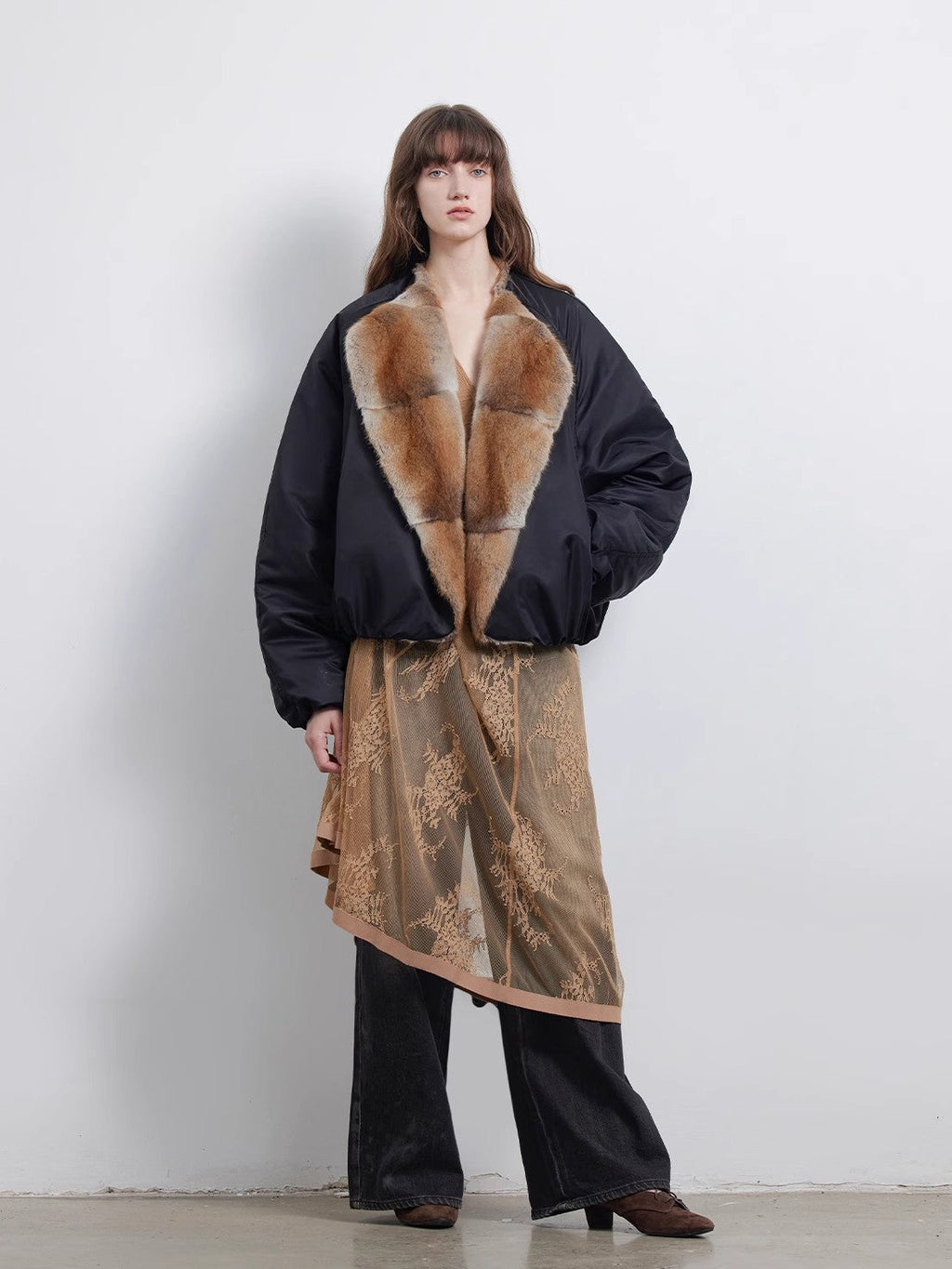Fireladyfur Women's Short Colorblock Parka with Sable Muskrat Fur Collar and Goose Down"Hull Contract"-4