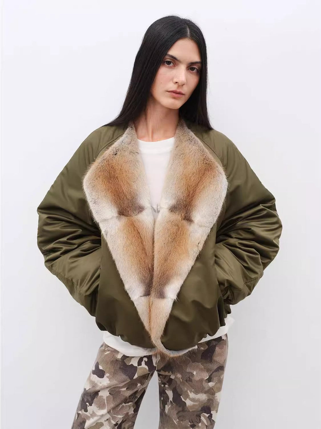 Fireladyfur Women's Short Colorblock Parka with Sable Muskrat Fur Collar and Goose Down"Hull Contract"-1