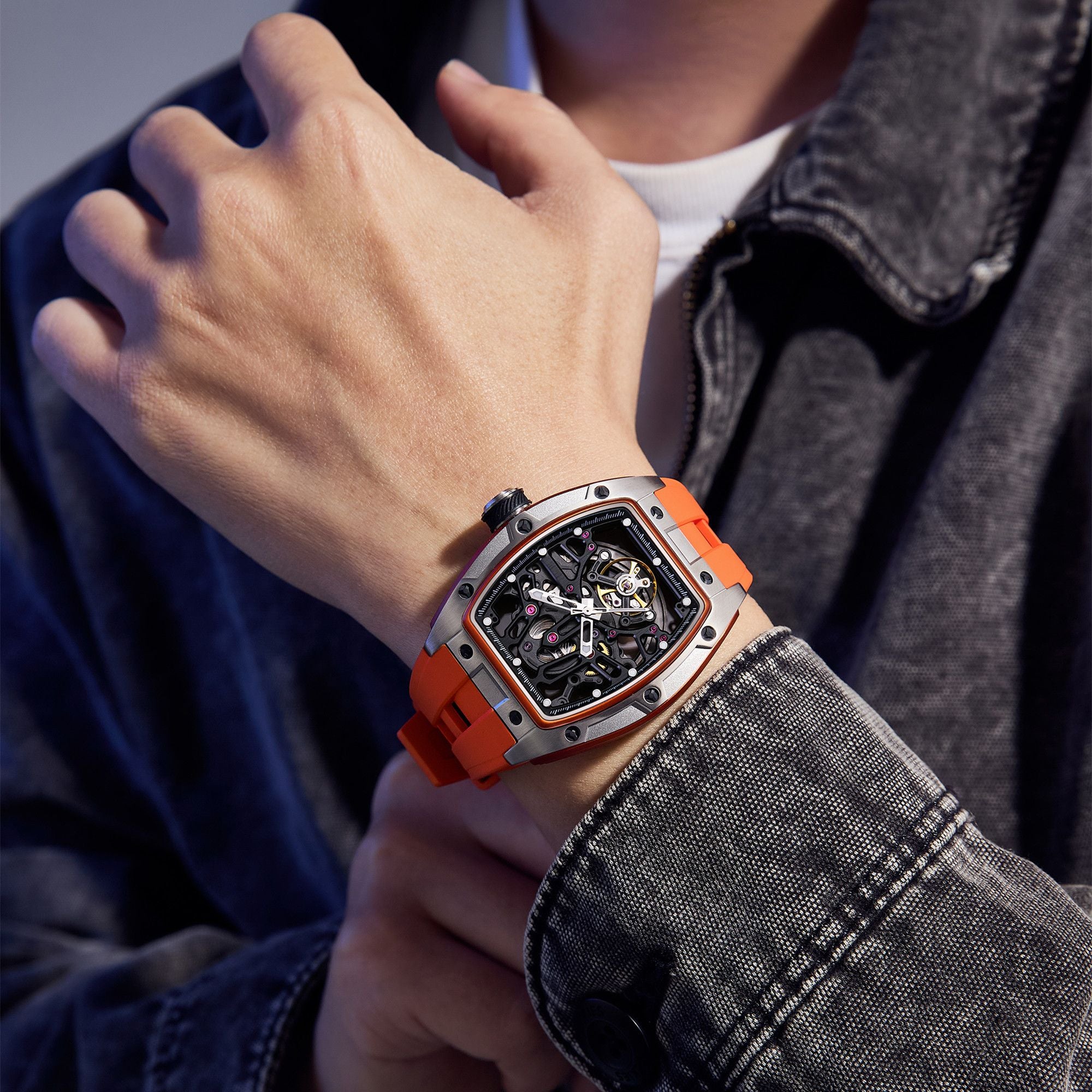 MEGIR Skeleton Dial Watches for Men Stainless Steel Case Automatic Mechanical Wristwatch Waterproof Luminous Sport Watch 9198-1-5