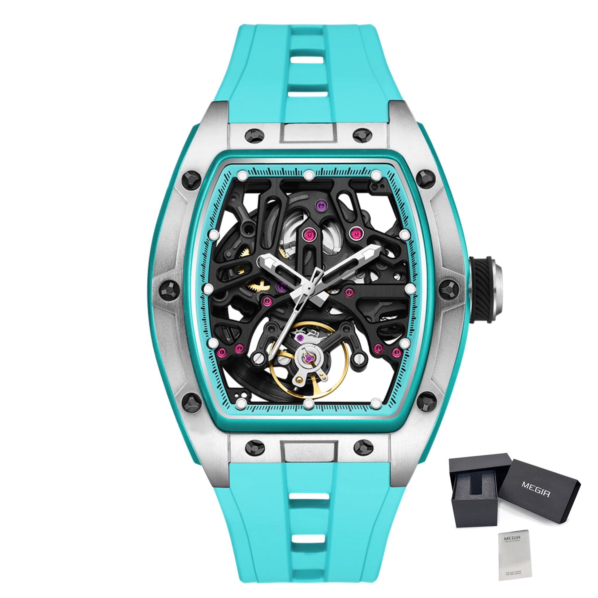 MEGIR Skeleton Dial Watches for Men Stainless Steel Case Automatic Mechanical Wristwatch Waterproof Luminous Sport Watch 9198-1-18