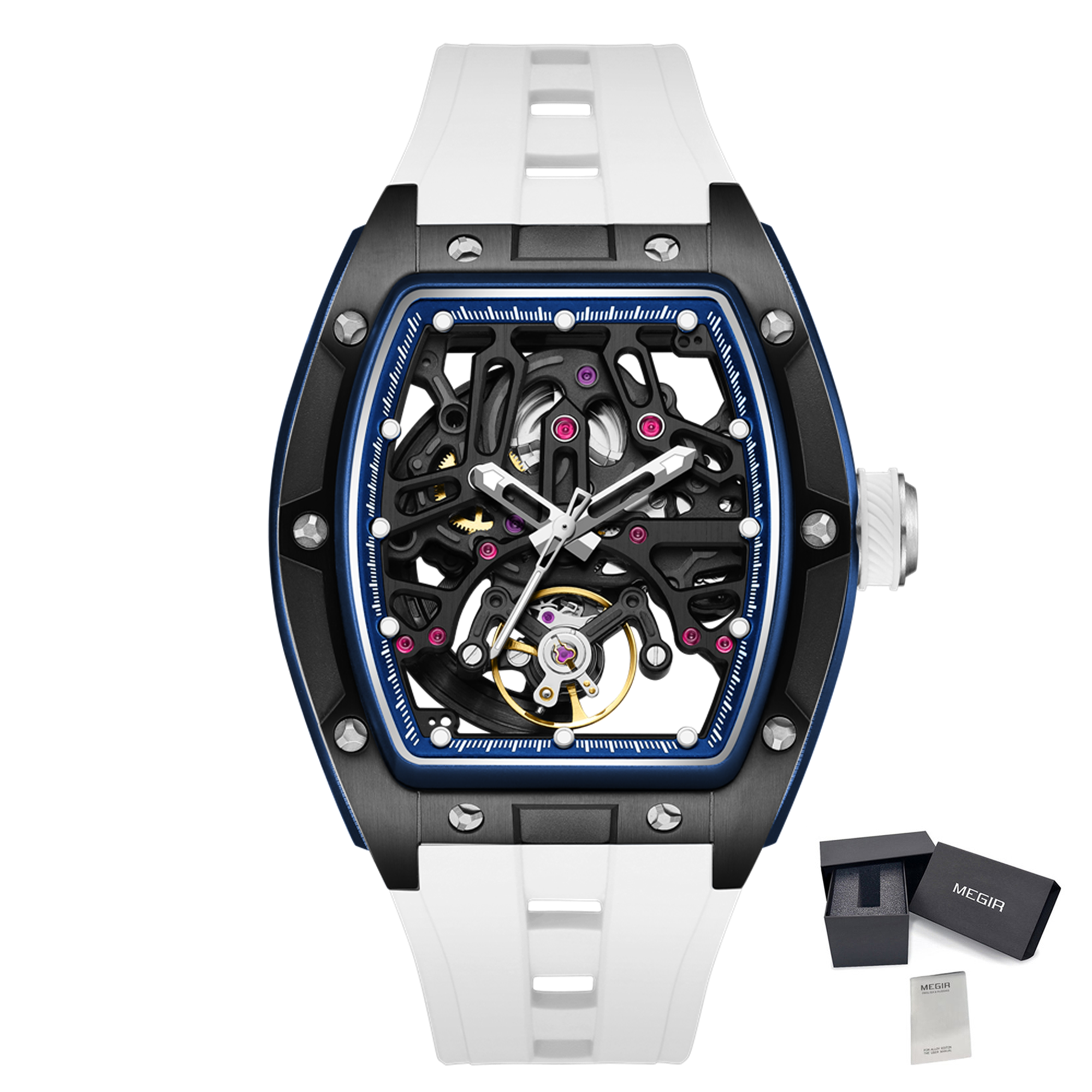 MEGIR Skeleton Dial Watches for Men Stainless Steel Case Automatic Mechanical Wristwatch Waterproof Luminous Sport Watch 9198-1-19