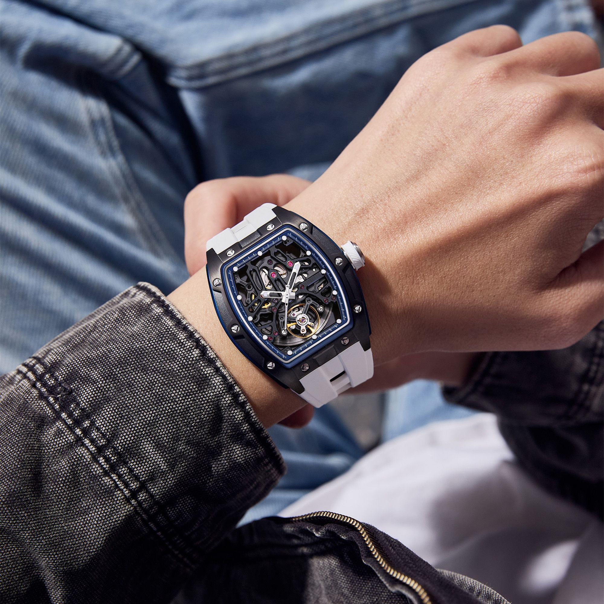 MEGIR Skeleton Dial Watches for Men Stainless Steel Case Automatic Mechanical Wristwatch Waterproof Luminous Sport Watch 9198-1-2