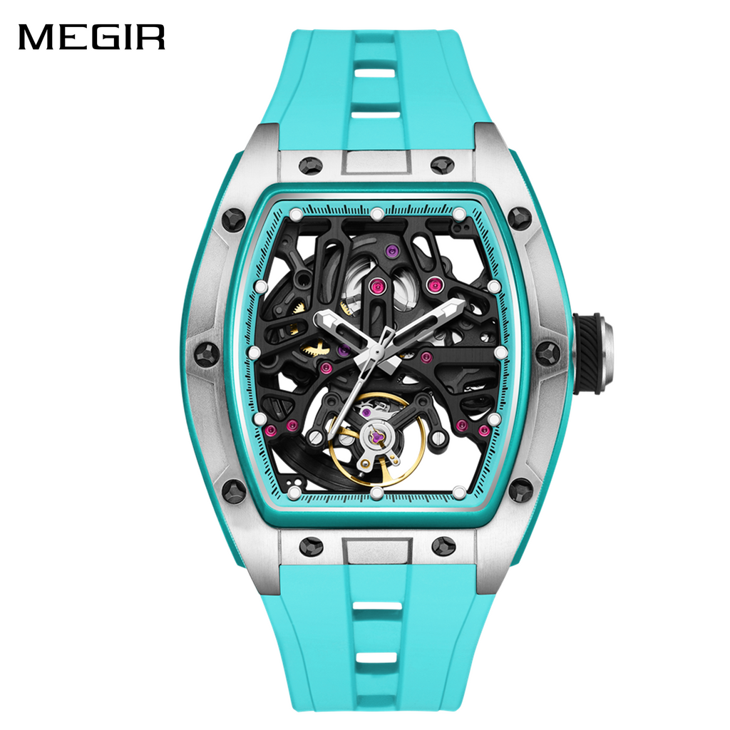 MEGIR Skeleton Dial Watches for Men Stainless Steel Case Automatic Mechanical Wristwatch Waterproof Luminous Sport Watch 9198-1-0
