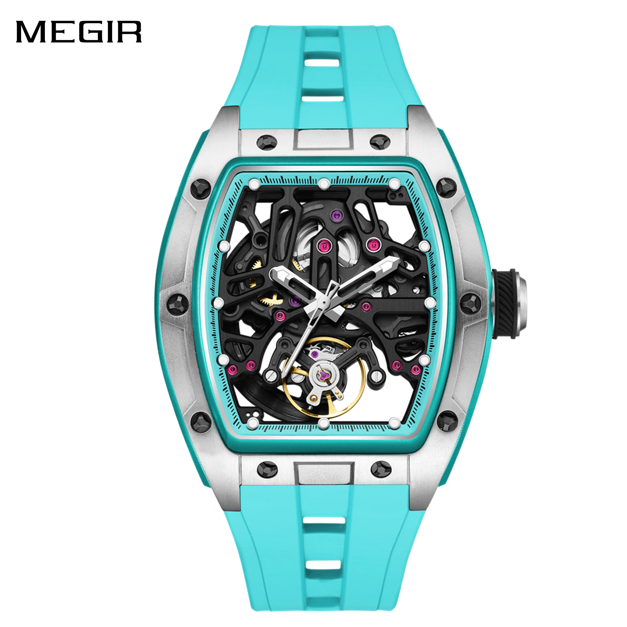 MEGIR Skeleton Dial Watches for Men Stainless Steel Case Automatic Mechanical Wristwatch Waterproof Luminous Sport Watch 9198-1-0
