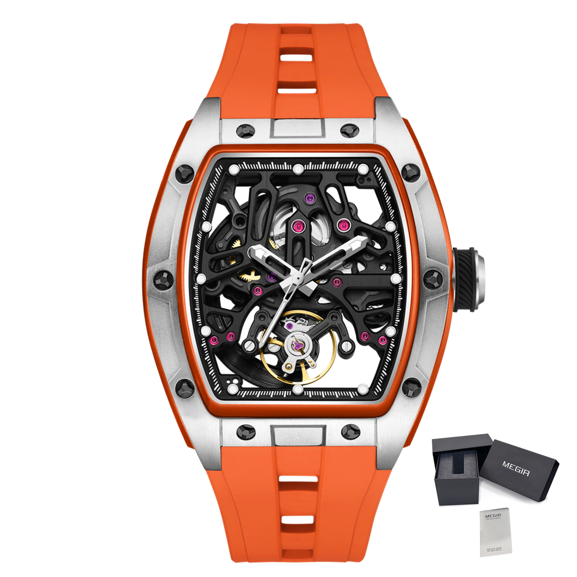 MEGIR Skeleton Dial Watches for Men Stainless Steel Case Automatic Mechanical Wristwatch Waterproof Luminous Sport Watch 9198-1-20