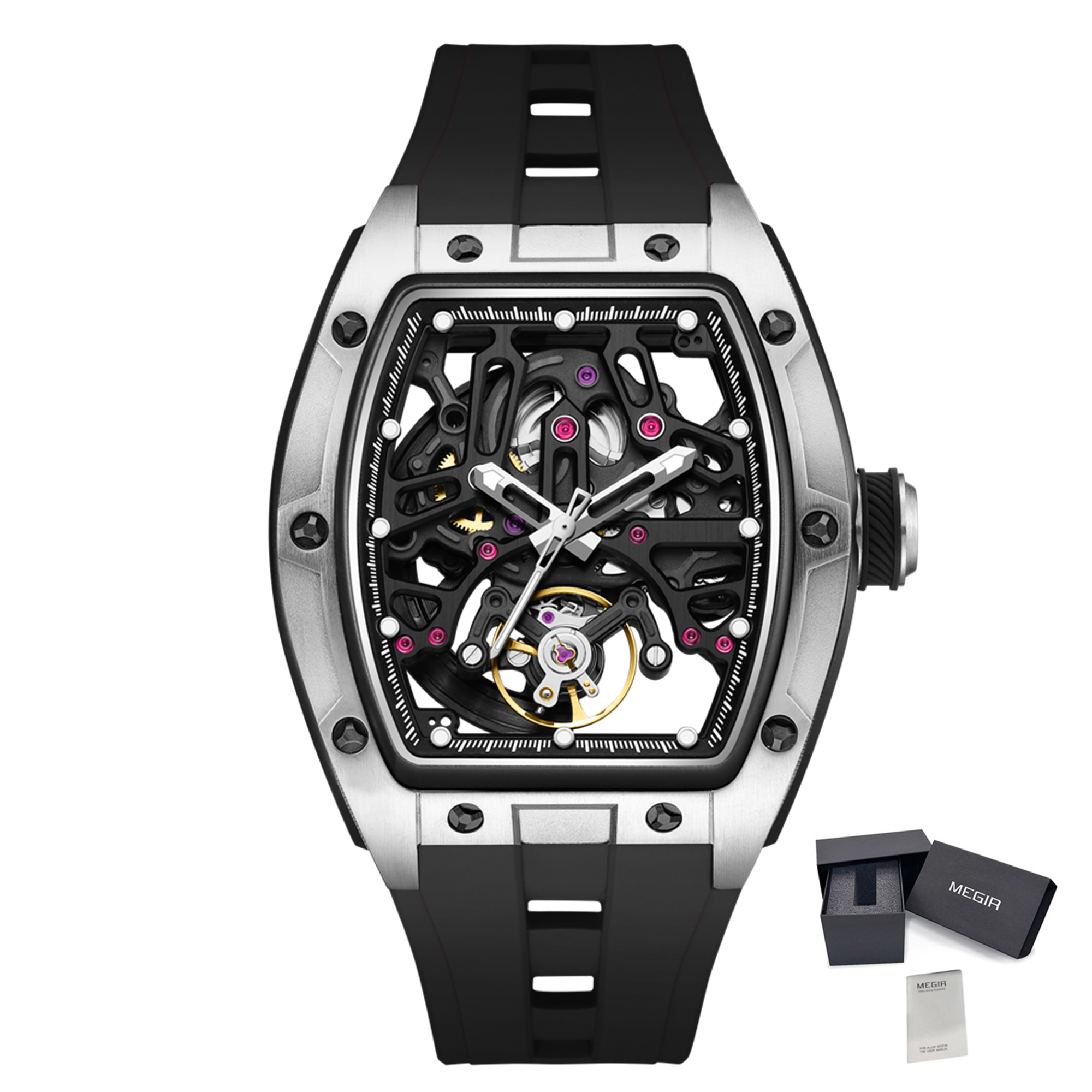 MEGIR Skeleton Dial Watches for Men Stainless Steel Case Automatic Mechanical Wristwatch Waterproof Luminous Sport Watch 9198-1-21