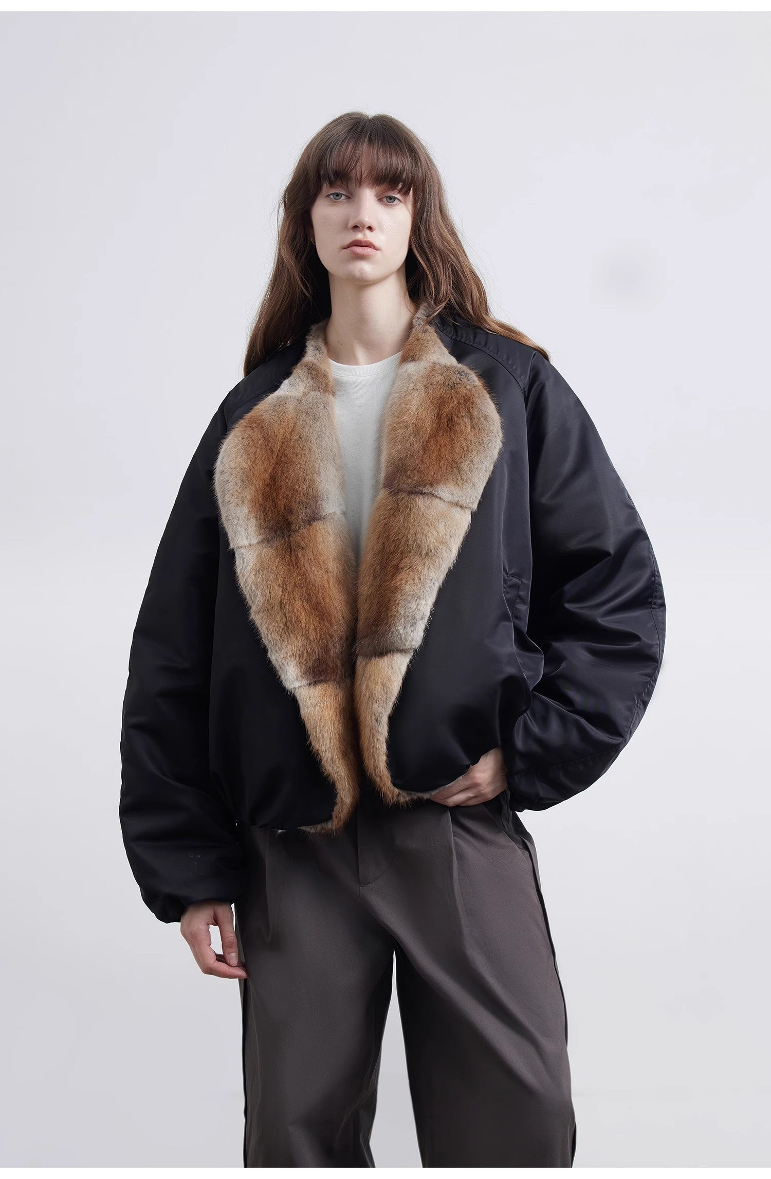 Fireladyfur Women's Short Colorblock Parka with Sable Muskrat Fur Collar and Goose Down"Hull Contract"-2