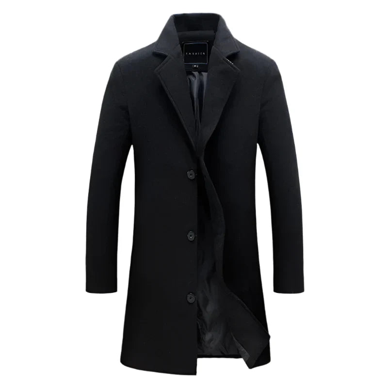 Men's Cotton Wool Blend Long Windbreaker Coat (Black)-0