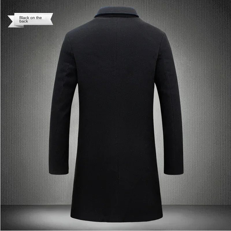 Men's Cotton Wool Blend Long Windbreaker Coat (Black)-1