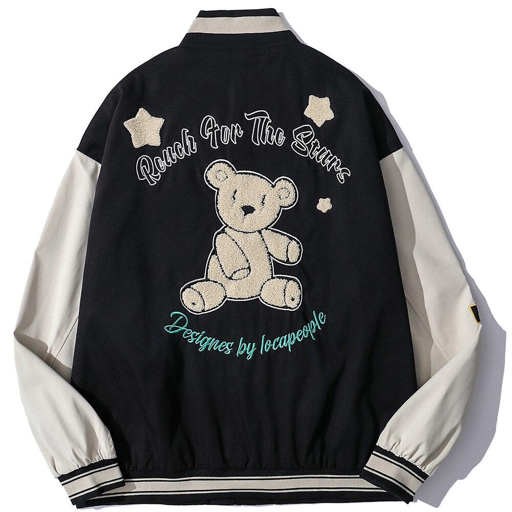 Baseball Jacket Men Cute Bear Patch Letter Embroidery Patchwork Streetwear Cozy High Street Retro Harajuku Varsity Coat-1
