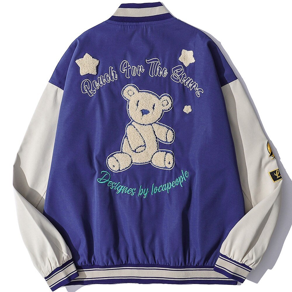 Baseball Jacket Men Cute Bear Patch Letter Embroidery Patchwork Streetwear Cozy High Street Retro Harajuku Varsity Coat-4