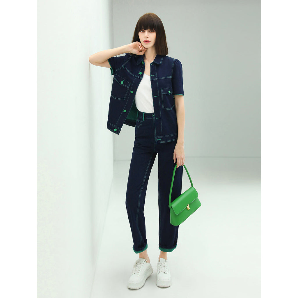 Contrast Stitch High-waist Navy Jeans