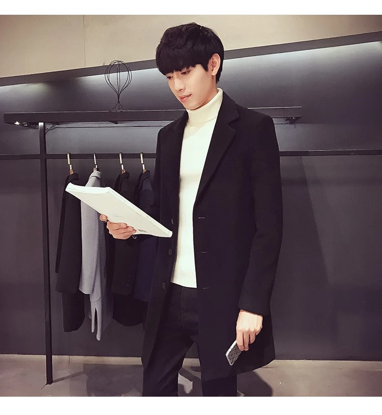 Men's Cotton Wool Blend Long Windbreaker Coat (Black)-2