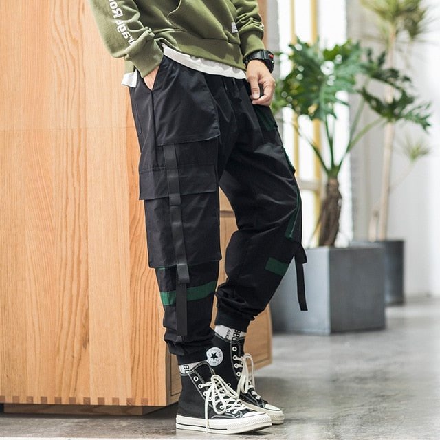Streetwear Hip Hop Cargo Pants Spring Autumn Mens Baggy Pockets Ribbon Joggers Pants Men Japanes Style Black Harem Pants-8