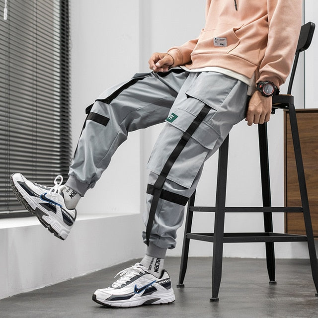 Streetwear Hip Hop Cargo Pants Spring Autumn Mens Baggy Pockets Ribbon Joggers Pants Men Japanes Style Black Harem Pants-6