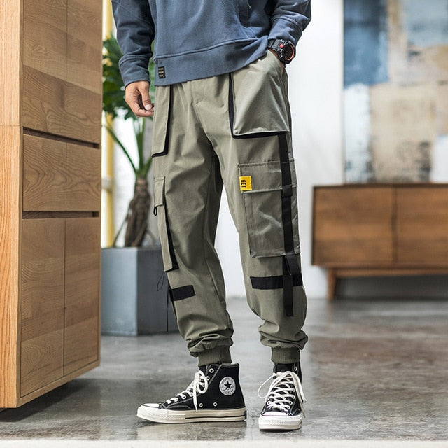 Streetwear Hip Hop Cargo Pants Spring Autumn Mens Baggy Pockets Ribbon Joggers Pants Men Japanes Style Black Harem Pants-7