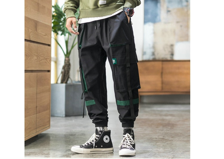 Streetwear Hip Hop Cargo Pants Spring Autumn Mens Baggy Pockets Ribbon Joggers Pants Men Japanes Style Black Harem Pants-4