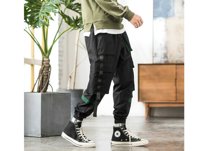 Streetwear Hip Hop Cargo Pants Spring Autumn Mens Baggy Pockets Ribbon Joggers Pants Men Japanes Style Black Harem Pants-1