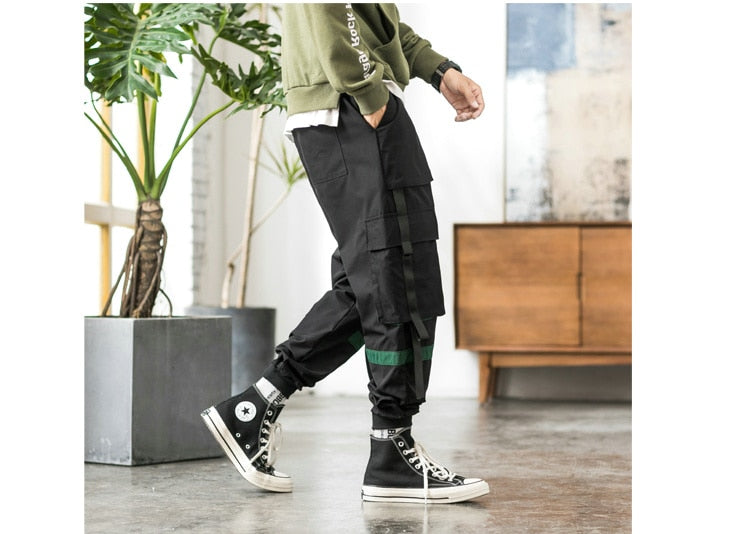 Streetwear Hip Hop Cargo Pants Spring Autumn Mens Baggy Pockets Ribbon Joggers Pants Men Japanes Style Black Harem Pants-3