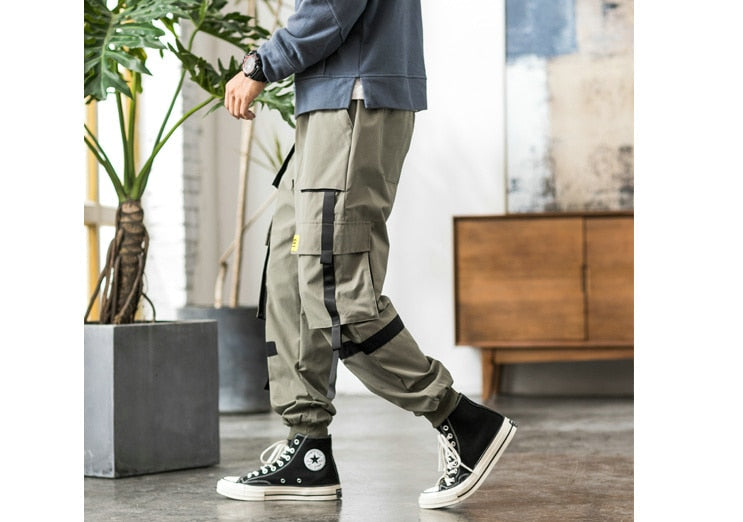 Streetwear Hip Hop Cargo Pants Spring Autumn Mens Baggy Pockets Ribbon Joggers Pants Men Japanes Style Black Harem Pants-2