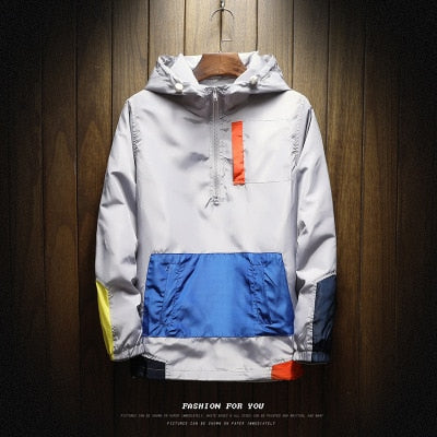Spring Hip Hop Mens Hooded Windbreaker Jacket Patchwork Vintage Loose Track Hoodie Jacket Coats Streetwear Chaqueta hombre-2